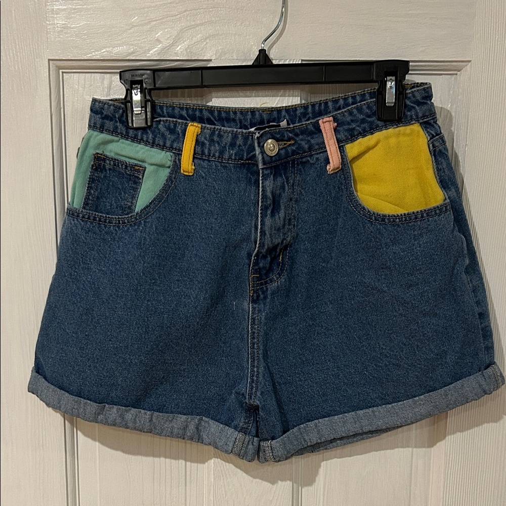 Princess House Blue and Yellow Jean Shorts Distressed Style